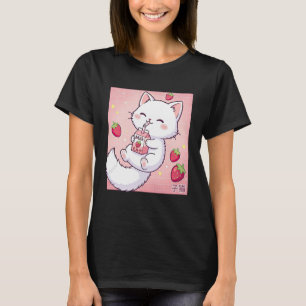 Süße Katze Erdbeermilch Retro Japanische Kawaii Ku T-Shirt