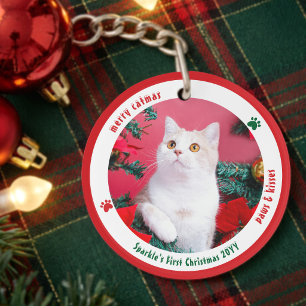 Süße Katze erstes Weihnachten individuelle Tierfot Schlüsselanhänger