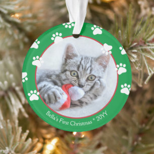 Süße Katze Erstes Weihnachten Pfotenabdrücke Grün Ornament