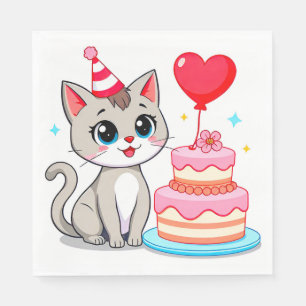 Süße Katze feiert Geburtstag mit einer Torte Serviette