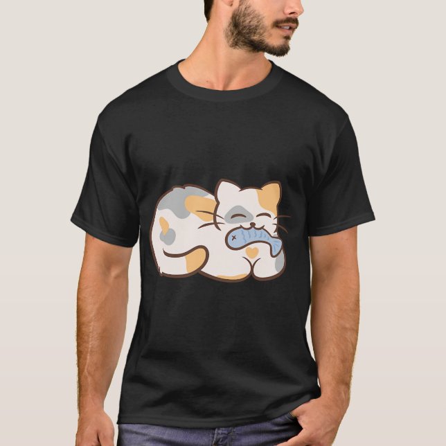 süße Katze frisst Fisch T-Shirt (Vorderseite)