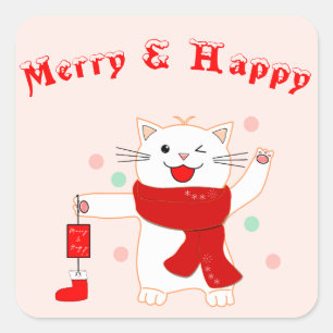 Süße Katze Frohe & Glückliche   Süßer Weihnachtsau Quadratischer Aufkleber