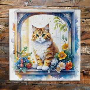 Süße Katze im Blumenfenster 