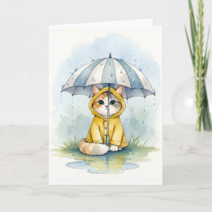 Süße Katze im Regenmantel mit Regenschirm Aquarell Karte