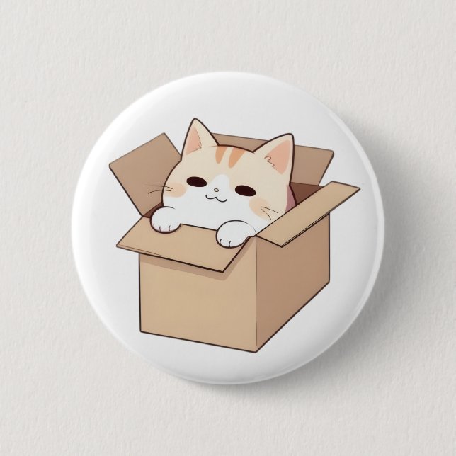 Süße Katze in einer Box Kawaii Sticker Design Button (Vorderseite)