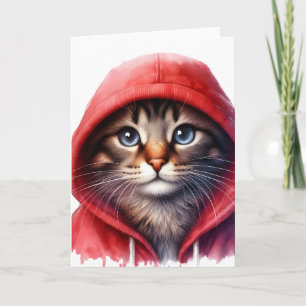 Süße Katze in roter Kapuzenjacke Aquarell-Grußkart Karte