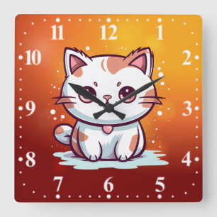Süße Katze Kawaii Stil Clipart Quadratische Wanduhr