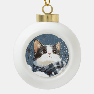 Süße Katze kuscheliger Winter Schnee Keramik Kugel-Ornament
