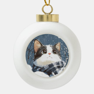Süße Katze kuscheliger Winter Schnee Keramik Kugel-Ornament