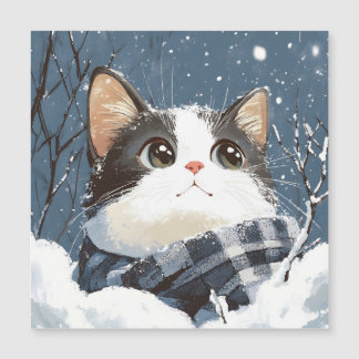 Süße Katze kuscheliger Winterschnee Magnetkarte