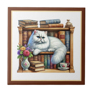 Süße Katze Lesekojen Bibliothek Bücherliebhaber  Fliese