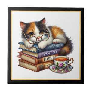 Süße Katze Lesekojen Bibliothek Bücherliebhaber  Fliese
