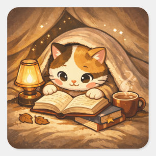 Süße Katze liest Buch   Gemütliche Bücherliebhaber Quadratischer Aufkleber