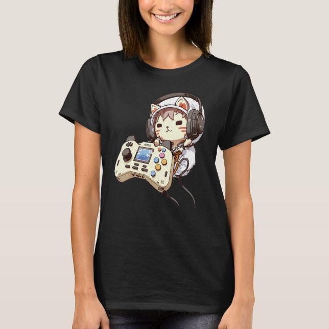 Süße Katze Lustiges Gaming-Headset-Controller-Game T-Shirt (Vorderseite)
