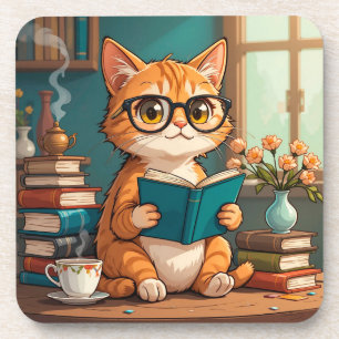Süße Katze mit Brille beim Lesen eines Buches Getränkeuntersetzer