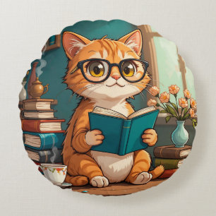 Süße Katze mit Brille beim Lesen eines Buches Rundes Kissen