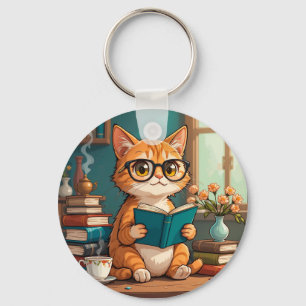 Süße Katze mit Brille beim Lesen eines Buches Schlüsselanhänger