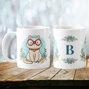 Süße Katze mit Brille Charmantes florales Monogram Kaffeetasse