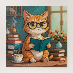 Süße Katze mit Brille liest ein Buch