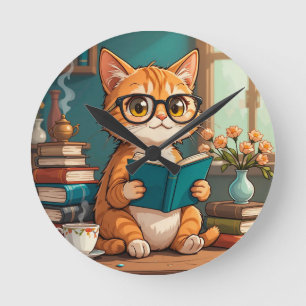 Süße Katze mit Brille liest ein Buch Runde Wanduhr