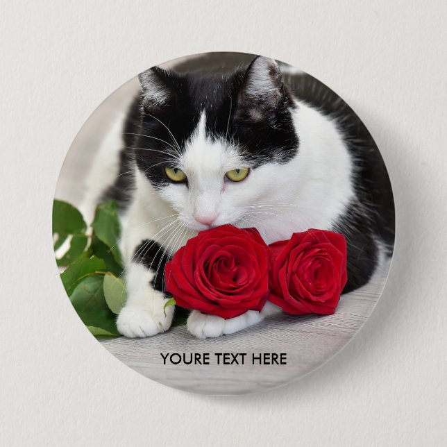 Süße Katze mit der roten Rose Button (Vorderseite)