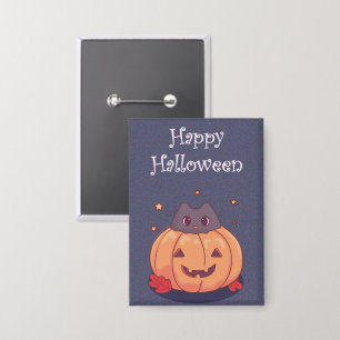 Süße Katze mit einem Halloween-Kürbis Blau grau Button