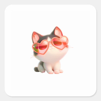 Süße Katze mit Herz-Sonnenbrille | Adorable Kawaii Quadratischer Aufkleber