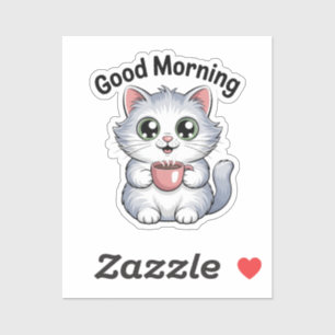 Süße Katze mit Kaffee „Guten Morgen“ Aufkleber