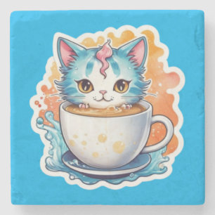 Süße Katze mit Kaffeetasse Cartoon-Design-94678 Steinuntersetzer