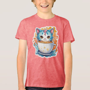 Süße Katze mit Kaffeetasse Cartoon-Design-94678 Tri-Blend Shirt