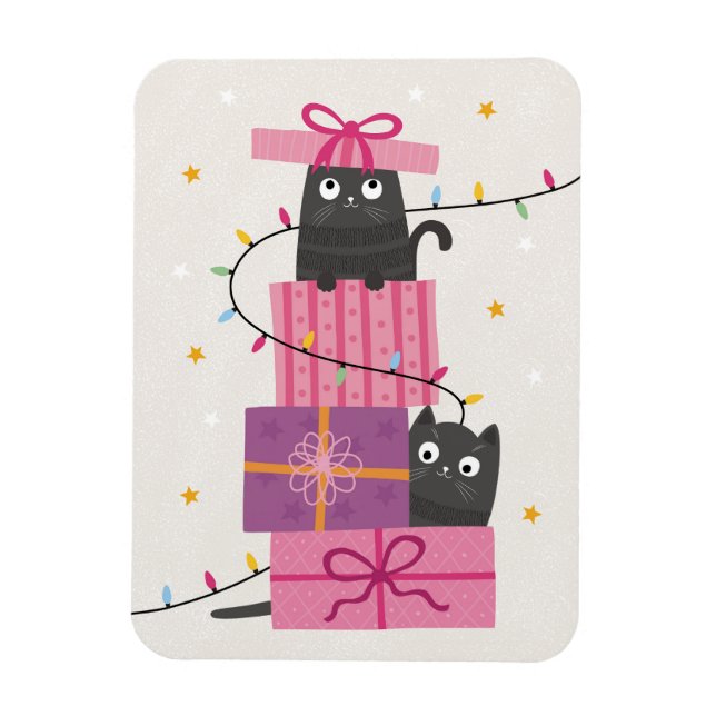 Süße Katze mit Lichtern und Weihnachtsgeschenken Magnet (Vertikal)