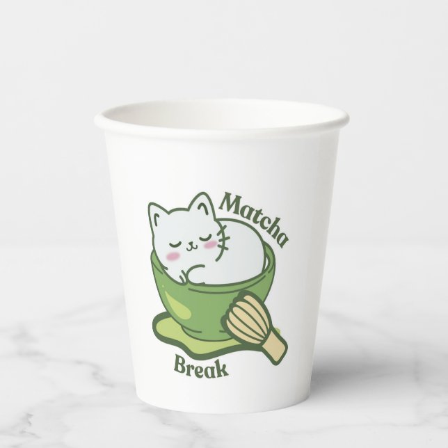Süße Katze mit Matcha-Getränk Pappbecher (Vorderseite)