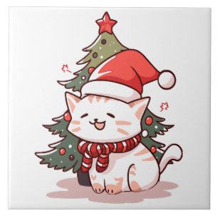 Süße Katze mit Santa-Hut neben dem Weihnachtsbaum Fliese