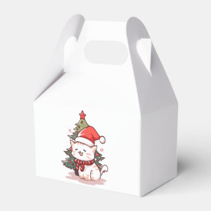 Süße Katze mit Santa-Hut neben dem Weihnachtsbaum Geschenkschachtel