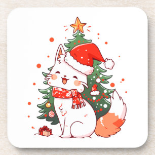 Süße Katze mit Santa-Hut neben dem Weihnachtsbaum Getränkeuntersetzer