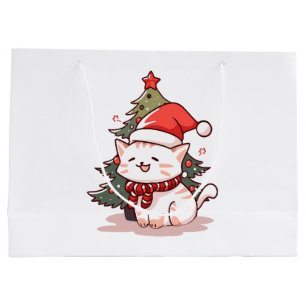 Süße Katze mit Santa-Hut neben dem Weihnachtsbaum Große Geschenktüte