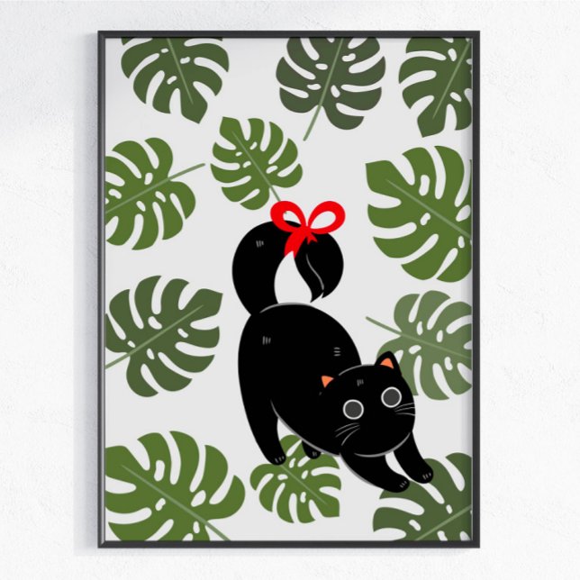 Süße Katze mit Schleife Monstera Blätter Poster (Von Creator hochgeladen)