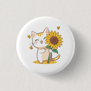 Süße Katze mit Sonnenblumen-Kawaii-Design Button