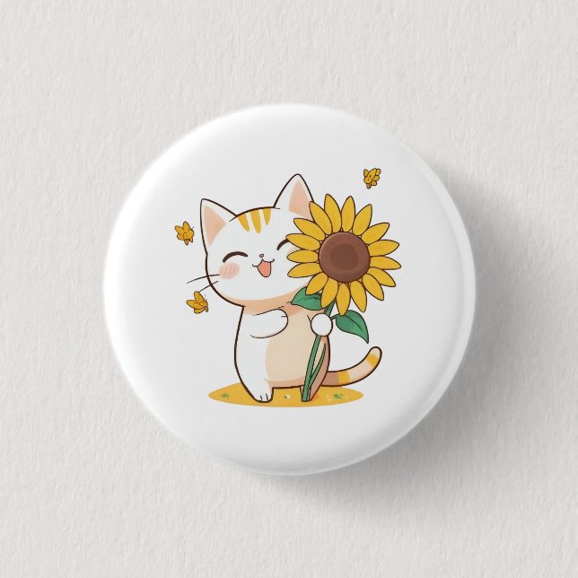 Süße Katze mit Sonnenblumen-Kawaii-Design Button (Vorderseite)
