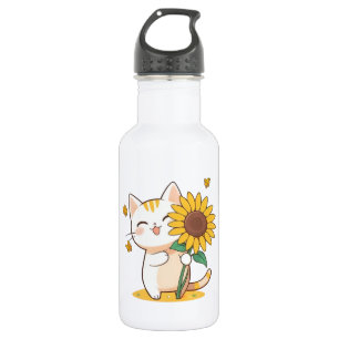 Süße Katze mit Sonnenblumen-Kawaii-Design Edelstahlflasche