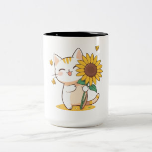 Süße Katze mit Sonnenblumen-Kawaii-Design Zweifarbige Tasse