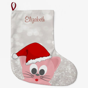 Süße Katze mit Weihnachtsmannmütze, Glitter-Bokeh Großer Weihnachtsstrumpf