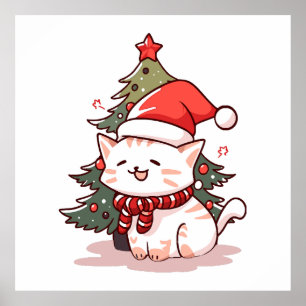 Süße Katze mit Weihnachtsmannmütze neben dem Weihn Poster