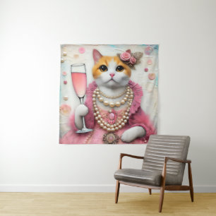 Süße Katze rosa Kleid mit Perlen und Getränk Wandteppich