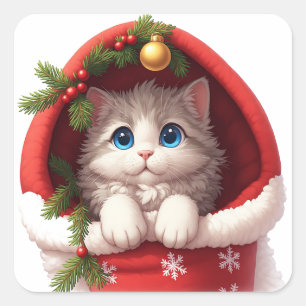 🎅 Süße Katze schaut aus Weihnachtsstrumpf hervor Quadratischer Aufkleber