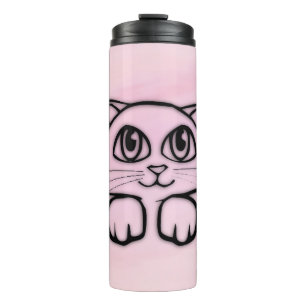 Süße Katze schaut rosa Thermosbecher