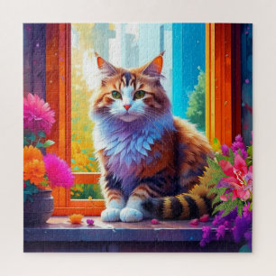 Süße Katze sitzt in einem Stadtfenster Ai Kunst