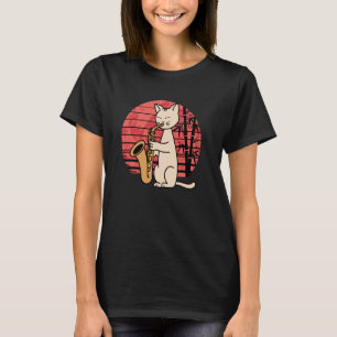 Süße Katze spielt Jazz-Saxophon mit lustigem Retro T-Shirt