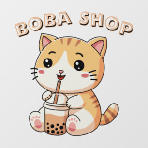 Süße Katze trinkt Bubble Tea, Boba-Tee Fensteraufkleber