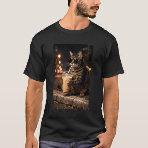 Süße Katze trinkt eisgekühlten Kaffee Nacht Szene  T-Shirt